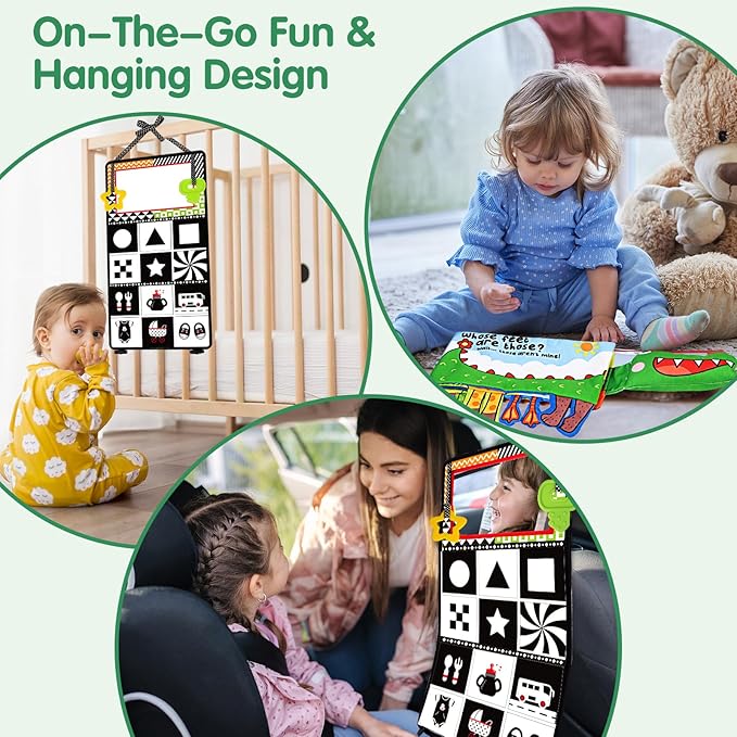 Tummy Time Baby Mirror Toys - Infant Toy Newborn 0 3 Months Brain Development with Soft Activity Book Teether - Black and White High Contrast Baby Toys 2 4 5 0-6 Babies Boy Girl Sensory Shower Gifts