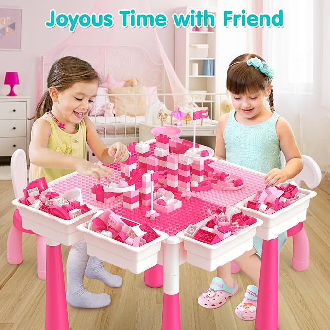 arscniek Toddlers Activity Table 7 in 1 Kids Activity Tables and Chairs Set with 152Pcs Large Marble Run Building Blocks, Sand/Water Tables, Kids Learning Play Table Toys for Girls Boys Toddler Pink