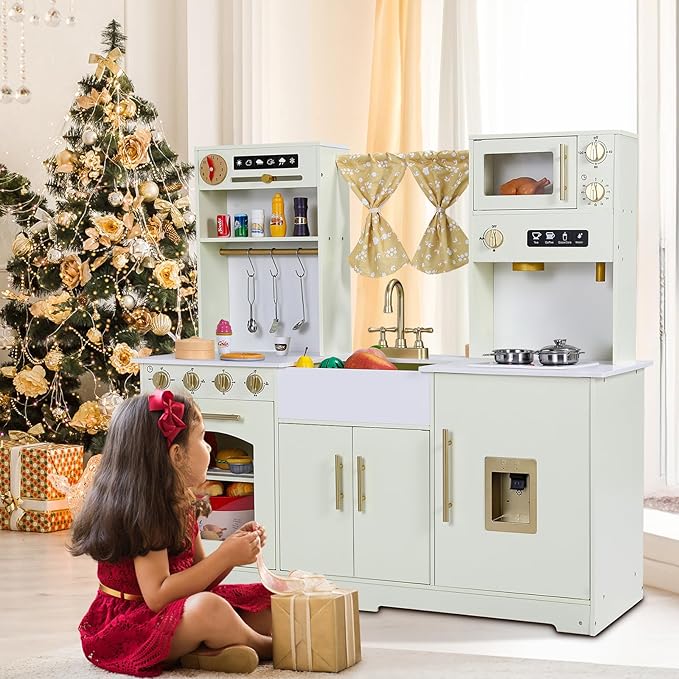 MAMIZO Kids Play Kitchen, Wooden Pretend Toy Kitchen, Large Toodler Cooking Playset, Stove and Water Dispenser w/Sound & Light, Sink, Microwave, Curtain, Modern Home Style for Ages 3+ (Yellow)