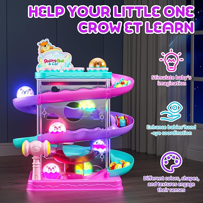 2-in-1 Rolling Ball & Car Ramp Race Track for Toddlers, Hammer Ball Drop Toy for Boys & Girls, Interactive Toys w/Sensor Lights - Montessori STEM Learning Toys - Brithday Gift for Kids 1-5+ Year Old