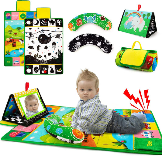 Tummy Time Mirror & Play Mat & Pillow 3-in-1, High Contrast Black and White Baby Toys, Activity Mat for Early Education, Newborn Infant Tummy Time Toy Set for 0 3 6 12 Month Crinkle/Squeake