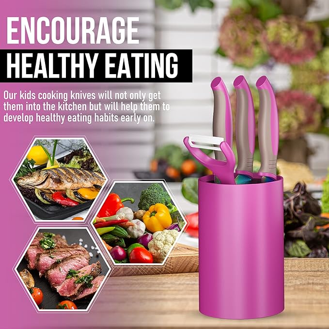 5-Piece Kids Knife Set for Real Cooking | Stainless Steel Chef, Paring & Serrated Knives with Peeler & Holder | Safe Junior Chef Cooking Set for Kids (5 pcs, Pink)