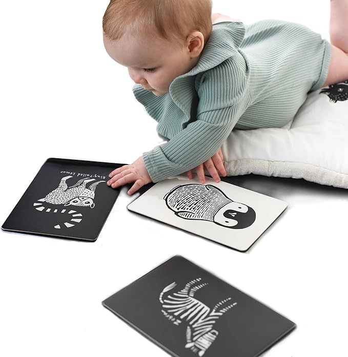 Wee Gallery Art Cards for Baby, Durable High Contrast Black and White Animal Flashcards for Newborns, Brain Development,Tummy Time Essentials for Infant and Toddler - Black and White Animals