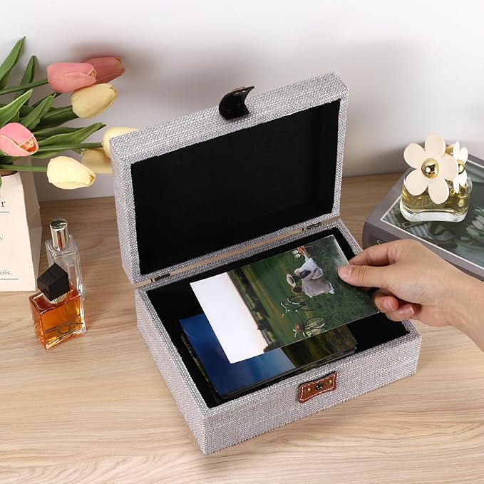 Hipiwe Decorative Jewelry Storage Box Gray Wooden Case with Linen Covered Treasure Chest for Women Gift Photo Organizer with Clasp Keepsake Box Home Decor, Medium