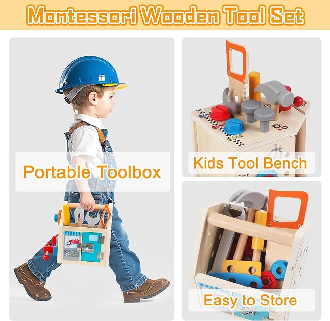 Toddler Tool Kit - 33 PCS Montessori Toddlers Tool Box, Kids Pretend Play Tool Set Age 2-4, STEM Educational Toys for Age 3, Wooden Construction Toys, Boys Birthday Gift 2,3,4,5 Year Old (House)