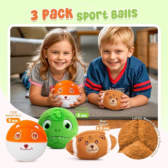3 Pack Soft Sports Balls for Toddlers 1-3, Inflatable Plush Baby Balls Set for Kids 3-5, 5 Inch Soccer Ball & Basketball, 6.5 Inch Football, Mini Toddler Ball Toys for Boy Girl First Gifts