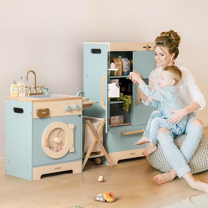 ROBUD Wooden Play Kitchen Set, Kids Toy Kitchen Set with Realistic Design, Utensils, Ice Maker, Fridge, Oven, Washer, Modern Style Play Kitchen with Accessories, Ideal Gift for Boys & Girls, Blue