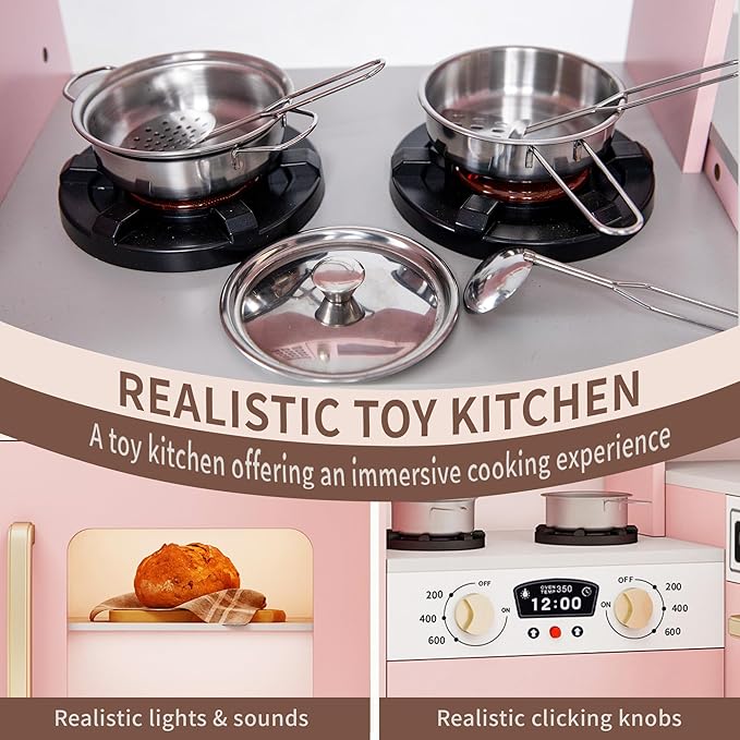 Kids Kitchen Playset with Lights & Sounds, Wooden Corner Play Kitchen with Sink,Oven, Ice Maker & Pretend Play Accessories, Educational Toy Kitchen Set for Toddlers, Pink