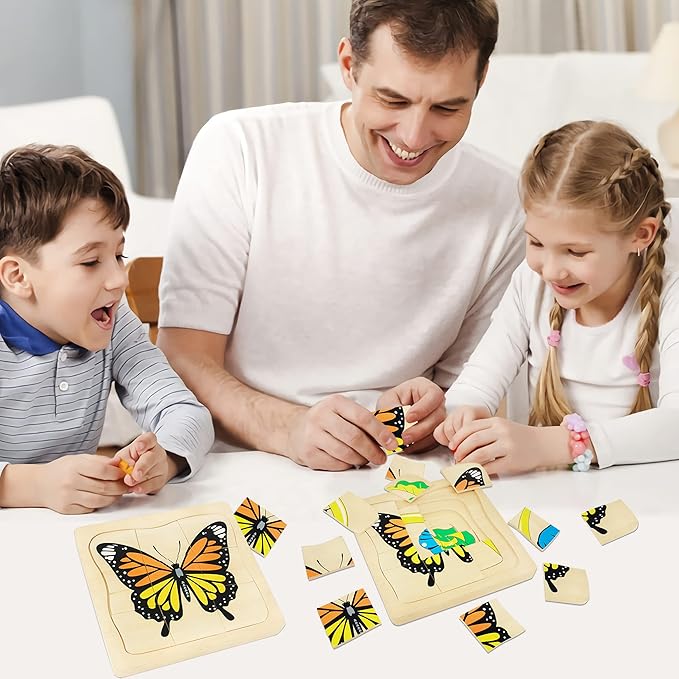 Montessori Wooden Puzzles for Kids Ages 4-8, 4 Layer Life Cycle of Butterfly Jigsaw Puzzle for Toddlers, Children Preschool Learning Educational Puzzles Spring Toys Gift for Boys and Girls (Butterfly)