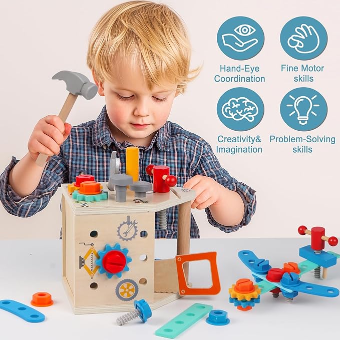 Toddler Tool Kit - 33 PCS Montessori Toddlers Tool Box, Kids Pretend Play Tool Set Age 2-4, STEM Educational Toys for Age 3, Wooden Construction Toys, Boys Birthday Gift 2,3,4,5 Year Old (House)