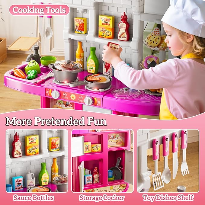 Kids Kitchen Playset for Ages 3-6 4-8, Play Kitchen with Light, Sound and Spraying, Sink Toy Accessories, Cooking Stoves, Pretend Food Toys for Toddlers 3-5 Boys Girls 6-12
