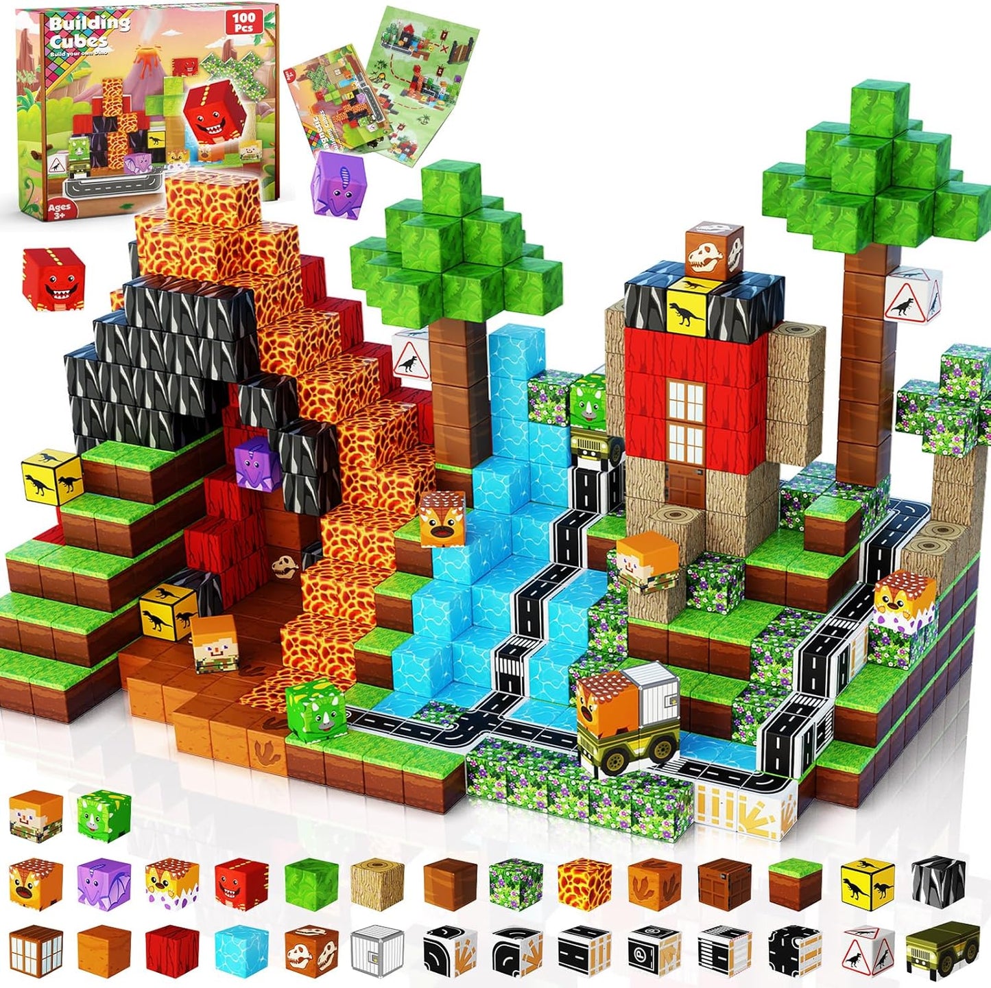 Goody King Dinosaur Volcano Magnetic Block World |100PCS Dinosaur Magnetic Block Cubes,STEM Montessori Sensory Toys for Toddlers Kids Boys Girls Ages 3-5 6-8 Christmas Birthday Gifts