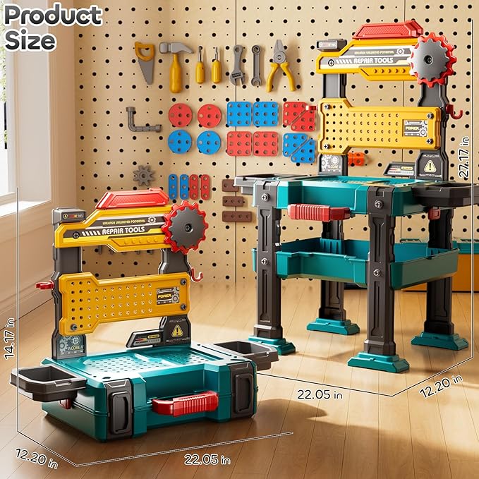 Kids Tools Toy Sets for Aged 3 4 5 6 7 8, 2 in 1 Workbench Toys for Toddlers 3-5, Pretend Play Toolbox, Construction Mechanic Set with Sound, Educational Birthday Gift for Boys Girls Ages 3-8