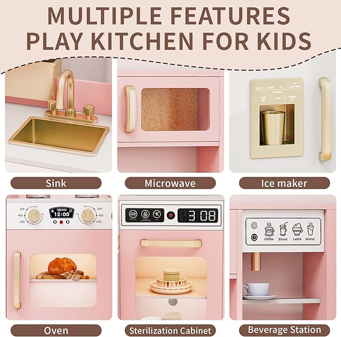 Kids Kitchen Playset with Lights & Sounds, Wooden Corner Play Kitchen with Sink,Oven, Ice Maker & Pretend Play Accessories, Educational Toy Kitchen Set for Toddlers, Pink
