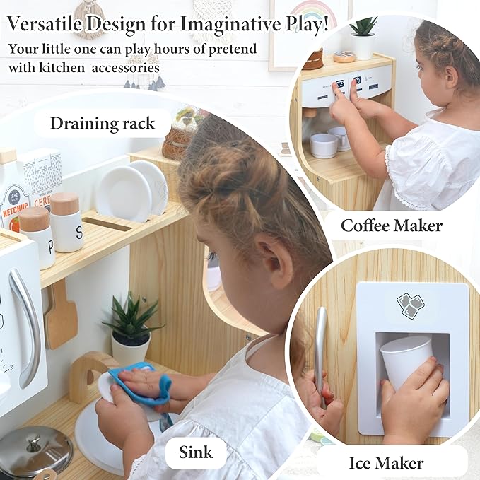 Wooden Play Kitchen set for Toddlers and Kids with Storage System,Ice Maker,Fridge,Coffee Machine,Oven,Microwave,Pretend Kitchen set for Small Spaces, Toy Kitchen Gift for Boys and Girls 3-5