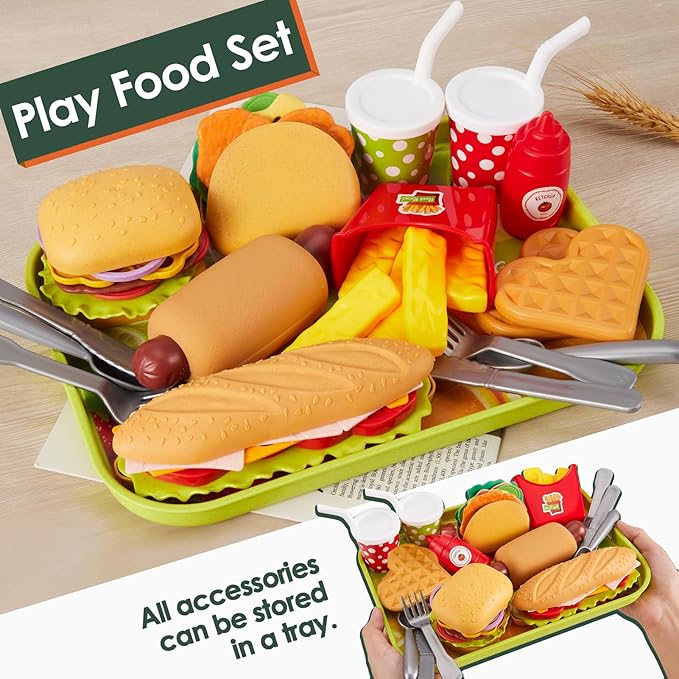 BUYGER Fast Food Play Food Toys for Kids Toddler Children Toy Kitchen Accessories Playset Plastic Toy Food Sets Pretend Play Gifts for 3 4 5+ Years Old