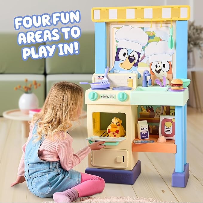Bluey Kitchen Play Set for Kids Ages 4-8, 3ft Tall Pretend Kitchen Playset Stove, Sink, Oven & 20+ Accessories Chef Hat, Kid Play Kitchen