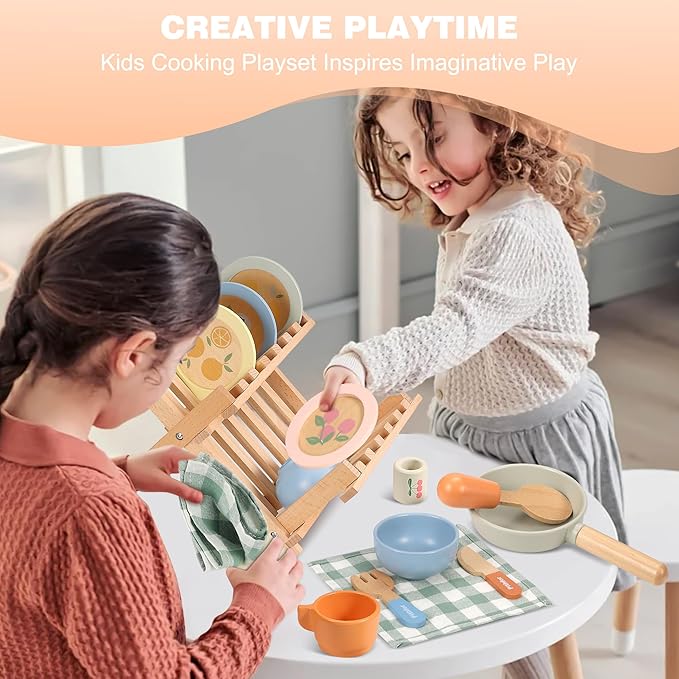 Wooden Play Cookware Set, Pretend Play Kitchen Accessories Toys Set for Kids Toddlers, Including Play Dishes, Pan, Tableware, Utensils