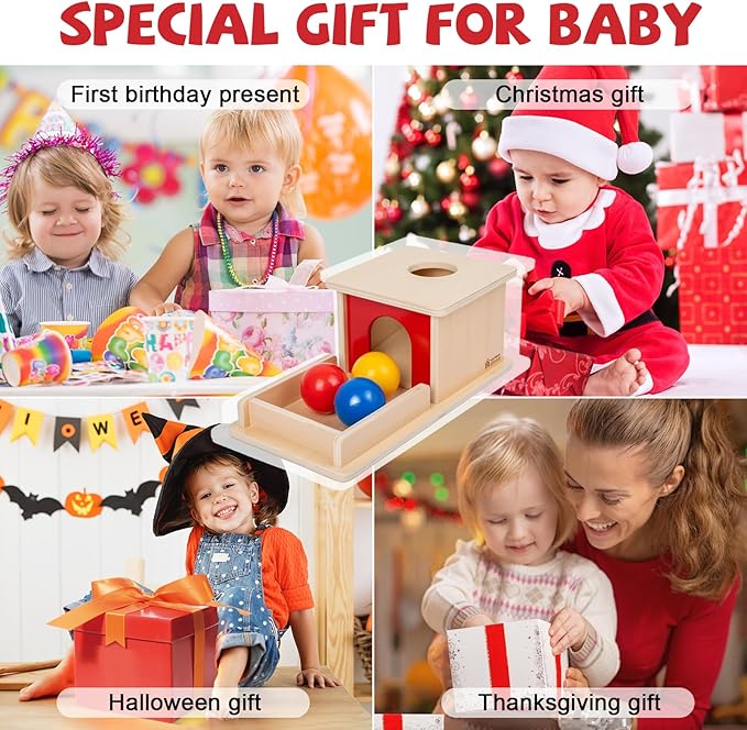 Adena Montessori Wooden Toy for 6-12 Month Baby 3 Balls,Object Permanence Box with red Door Colorful Learning Education Toy for Toddler Kid 1-2 Year Old, Preschool Girl and Boy Gift Full Size Typical