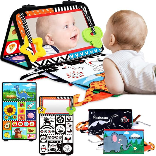 Tummy Time Baby Mirror Toys 0-6 6-12 Months - Montessori Infant Toys Brain Development with Crinkle Cloth Book and Teether - High Contrast Newborn Sensory Toys for Babies Boys Girls Gifts