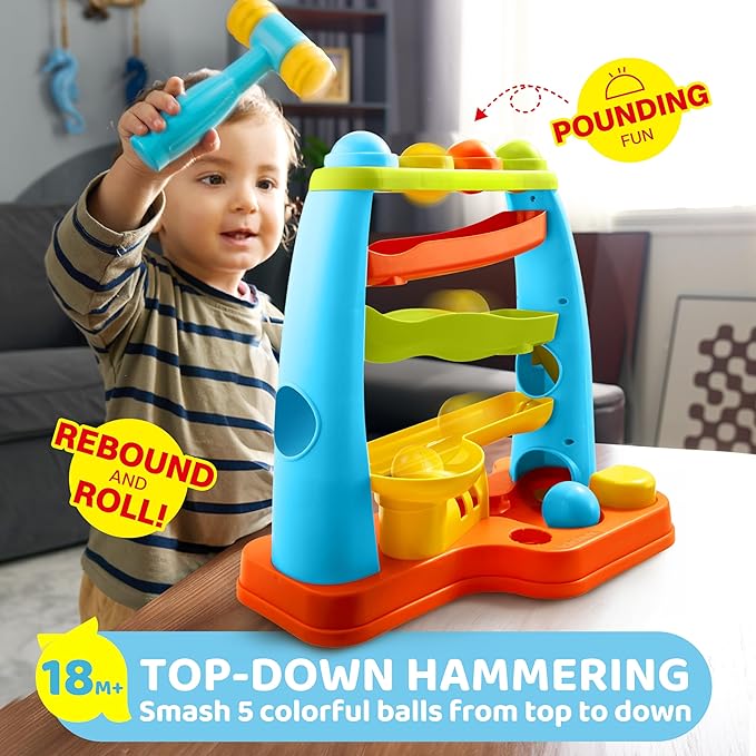 lalalark Ball Drop Toy for Toddlers, Track Stacking Learning Pound a Ball with Hammer, Early Developmental Montessori Toy, Birthday Gift for Boys & Girls Age 18M+, Gifts for 2 3 Year Old Baby Kids
