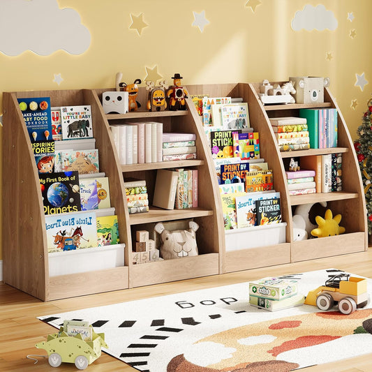 4 Tier Kids Bookshelf Set of 2,4 Layer Sling Kids Book Shelf for Kids Rooms,Wood Children Bookcase,Baby Storage Book Rack,Toddler Bookshelf, Book and Toy Organizer,Book Display Shelf for Nursery