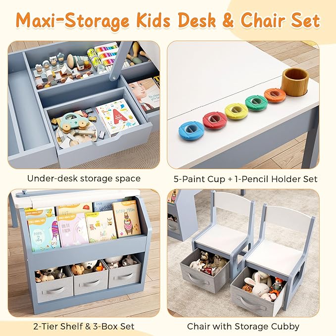 5-in-1 Kids Art Table and Chairs, Wood Toddler Table and Chair Set with Storage Drawers, Craft Play Desk for Kids, Convertible Art Easel with Paper Roll Holder, Children Activity Learning Center-Blue