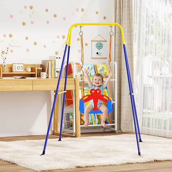3-in-1 Toddler Swing Set, Baby Swing with Safety Belt, Indoor/Outdoor, Easy to Assemble Kids Swing Seat with Sturdy Metal Stand for Playground, Backyard and Nursery, Blue Yellow