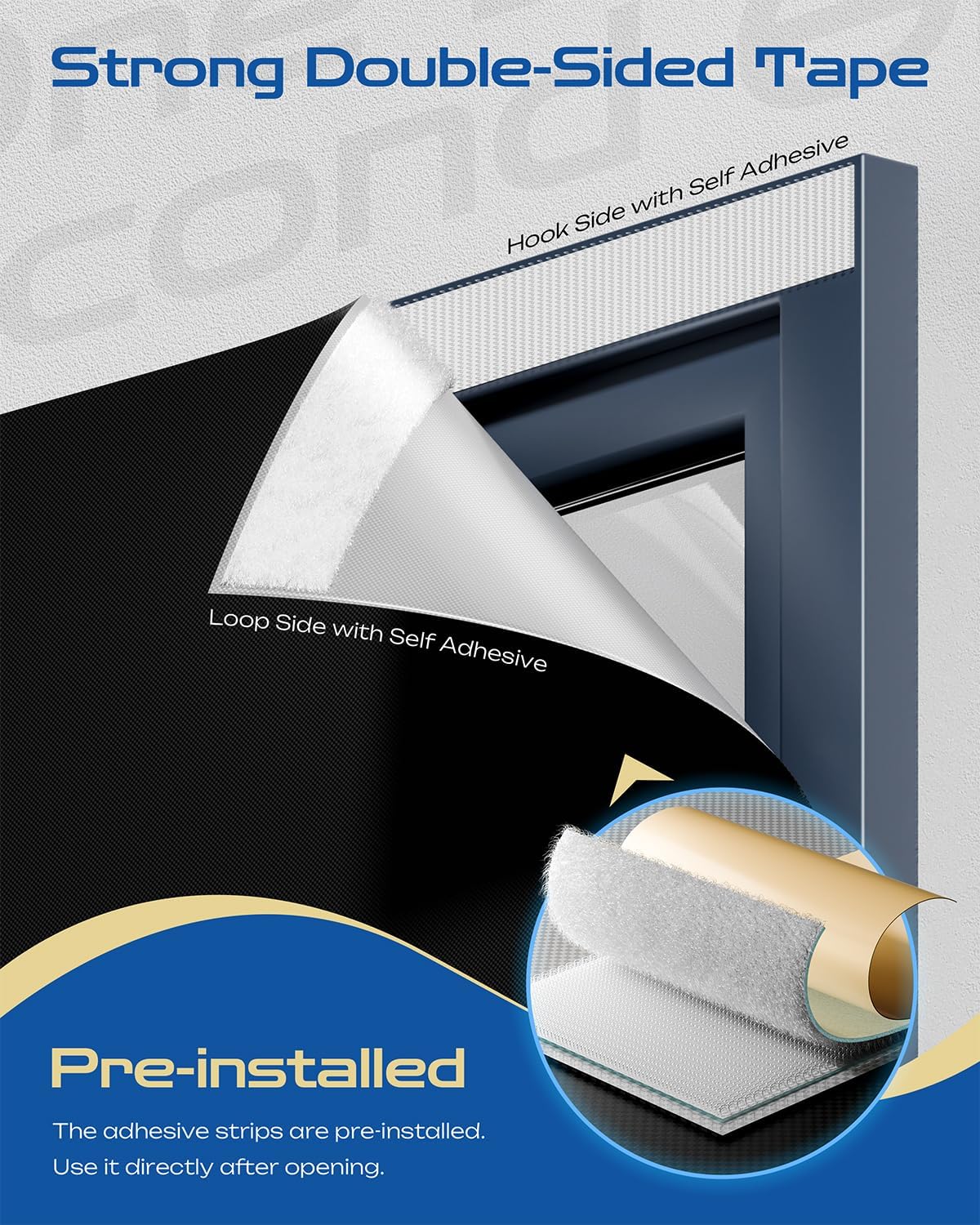 44" W x 72" L 100% Portable Blackout Curtains, Total Darkness No-Drill Black Out Window Cover,Temporary Blackout Shades with Hook & Loop Tape, for Bedroom, Nursery, Dorm, Travel (Black)