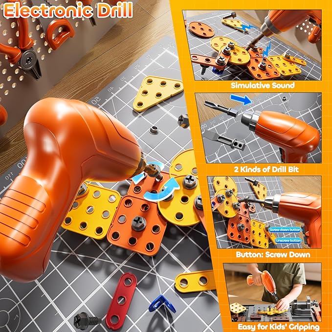 Kids Tool Toy Playset with Electronic Drill Sound for Aged 3 4 5 6 7 8, Workbench Toys for Toddlers 3-5, Pretend Play Tool Box, Construction Mechanic Set, Birthday Gift for Boys Girls Ages 3-8