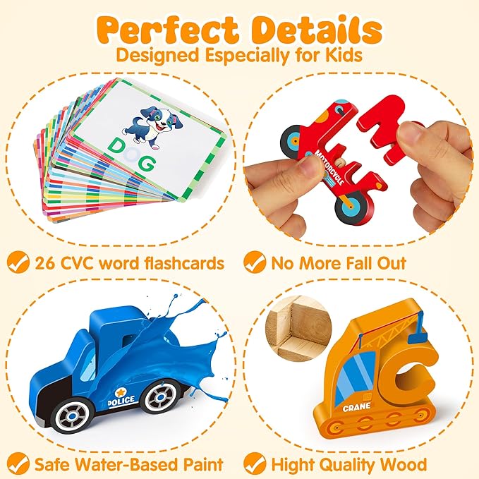 Vanmor Wooden Vehicle Alphabet Puzzle for Toddlers, Traffic ABC Letter Sight Words Matching Game with 52 Blocks and Flash Cards, Montessori Spelling Game Learning Toys, Stocking Stuffer for Kids 3-5