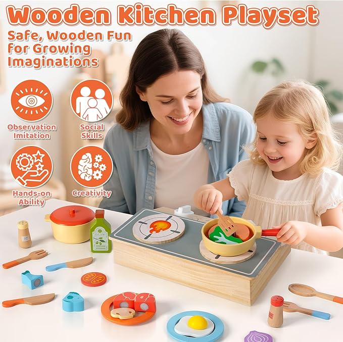 Play Kitchen Accessories, Wooden Pretend Play Cooking Playset with Interactive Sound and Storage Stove, Pots & Pans, Cuttable Play Food, Kitchen Toys for Kids Toddlers Girls Boys