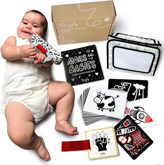 Quiggly High Contrast Baby Toy Set - Black and White Newborn Sensory Toys - Tummy Time Mirror, 25 Visual Stimulation Cards & Board Book - Infant Play Kit for Newborns 0-3 Months (Standard)