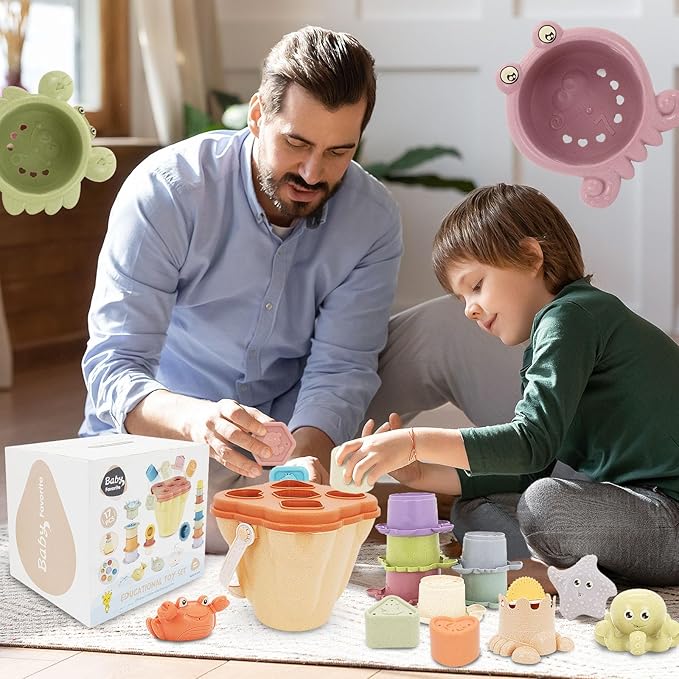 Stacking Toy for Toddler 1-3, 4 in 1 Montessori Sensory Toys, Shape Sorter for Sand Bath Play, Infant Learning Color Sorting Toy for Fine Motor Skills, Birthday Gift for Baby Boys Girls 1 2 3