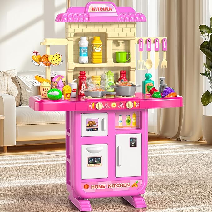 Play Kitchen Playset, Girls Kitchen Toys for Ages 2-6 4-8 with Light, Sound and Spraying, Sink Toy Accessories, Cooking Stoves, Pretend Food for Toddlers 1-3 3-5