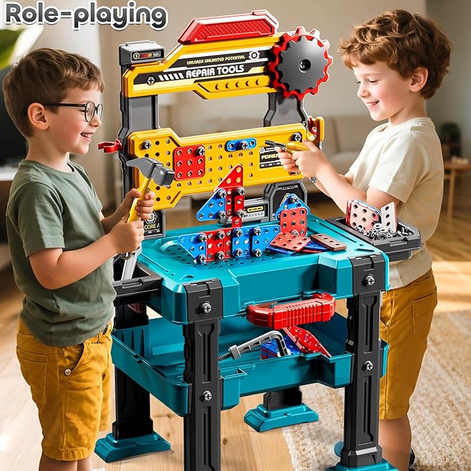 Kids Tools Toy Sets for Aged 3 4 5 6 7 8, 2 in 1 Workbench Toys for Toddlers 3-5, Pretend Play Toolbox, Construction Mechanic Set with Sound, Educational Birthday Gift for Boys Girls Ages 3-8