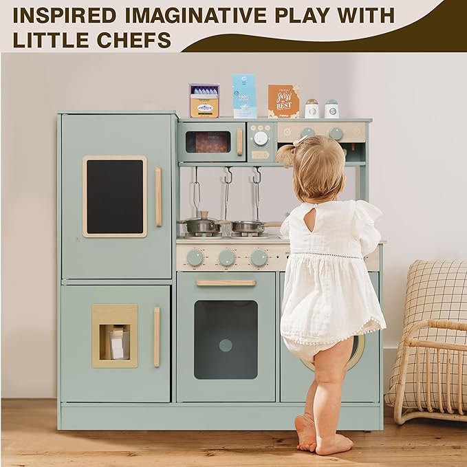 Wooden Kitchen Playset for Kids Toddler, Pretend Play Kitchen Set Toy for Girls and Boys, with Kitchen Accessories - Green