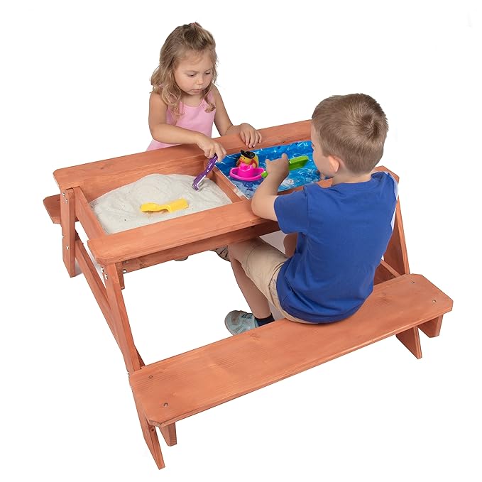 3 in 1 Large 43"x35" Sand & Water Indoor/Outdoor Picnic Table- w Removable Top, Dual Drains & Wide Seats for 4+ Kids- Safe, Fun Easy to Clean Sandbox Play for Boys & Girls- Durable Furniture Xmas Gift