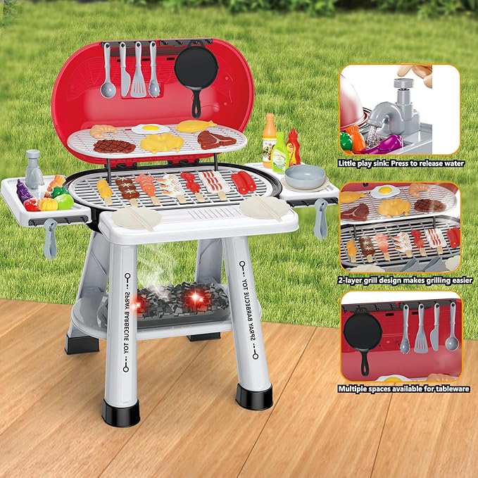 Play Kitchen Sets Toy for Toddlers 3-5, Indoor Outdoor Interactive Kids BBQ Grill Playset with Smoke, Sound & Light, Pretend Cutting Food, Christmas Birthday Gift for Boys and Girls 4-8.