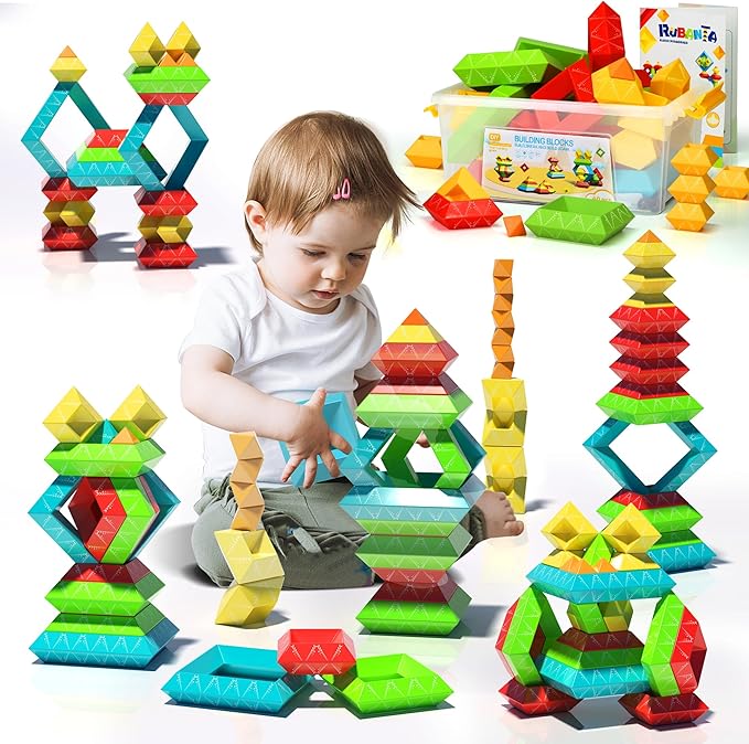 40Pcs Montessori Toys for Ages 3 4 5 6 Toddlers Kids Baby,Pyramid Stacking Building Toys,3D Preschool Learning Blocks for Kids,STEM Sensory Toy Gifts for 3-5 Year Old Boy Girl,Plastic Storage Box Set