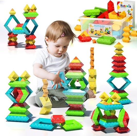 40Pcs Montessori Toys for Ages 3 4 5 6 Toddlers Kids Baby,Pyramid Stacking Building Toys,3D Preschool Learning Blocks for Kids,STEM Sensory Toy Gifts for 3-5 Year Old Boy Girl,Plastic Storage Box Set