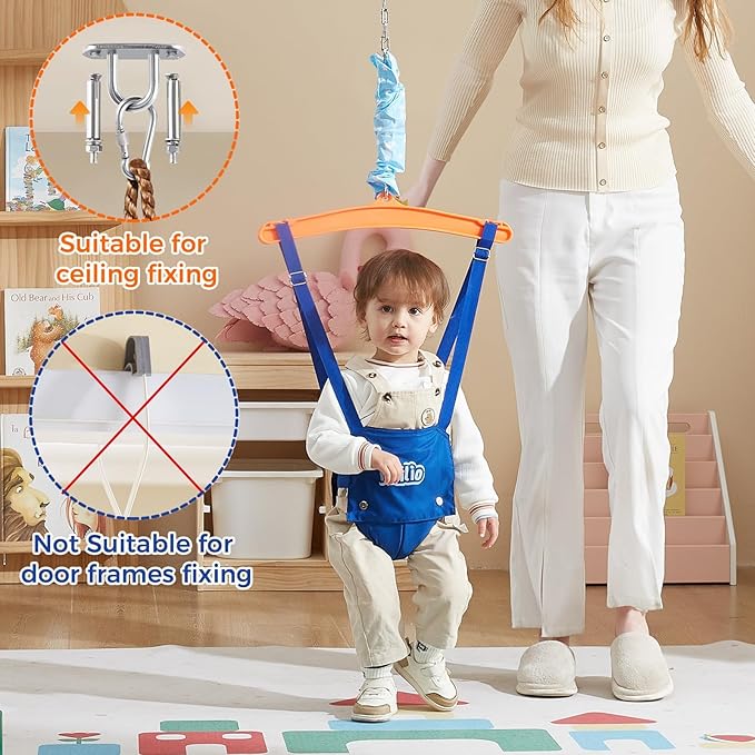 FUNLIO 2 in 1 Baby Jumper with a Ceiling Hook, Baby Walking Harness for 6-24 Months, Baby Jumper for Indoor/Outdoor Play, Infant Jumper Doorway with Adjustable Chain, Easy to Assemble & Store - Blue