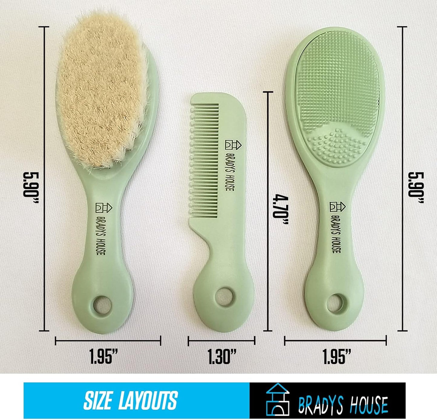 3 Piece Baby Hair Brush & Comb Set for Newborns- Soft Goat Bristle Hair-Brush, Silicone Bath Brush and Plastic Comb for Infant, Toddler, Kids - Baby