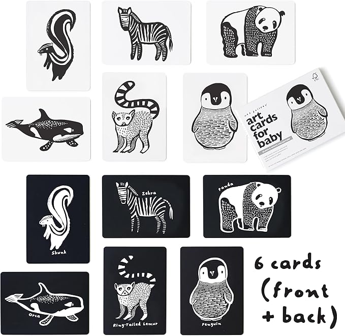 Wee Gallery Art Cards for Baby, Durable High Contrast Black and White Animal Flashcards for Newborns, Brain Development,Tummy Time Essentials for Infant and Toddler - Black and White Animals