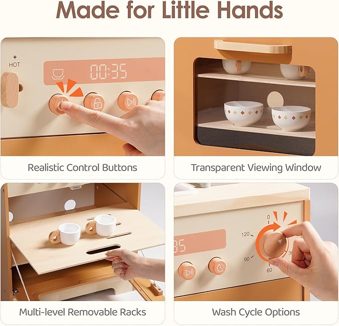 ROBOTIME Wooden Toy Dishwasher Sink – Caramel Pretend Kitchen Toy with Gold Faucet, Turning Knobs, Dish Rack, Plates, Bowls, Cups – Montessori Wooden Play Kitchen for Girls Ages 3+