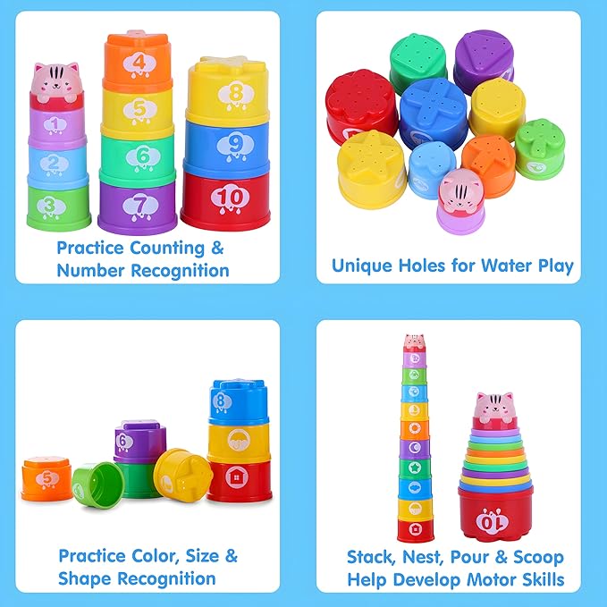 Stacking Cups Baby Toy Set, Nesting Stacking Toys for Toddlers 1-3 Montessori Toys for 1 Year Old Babies 6-12-18 Month Stackable Number Blocks Infant Sensory Bath Easter Basket Stuffers Gifts