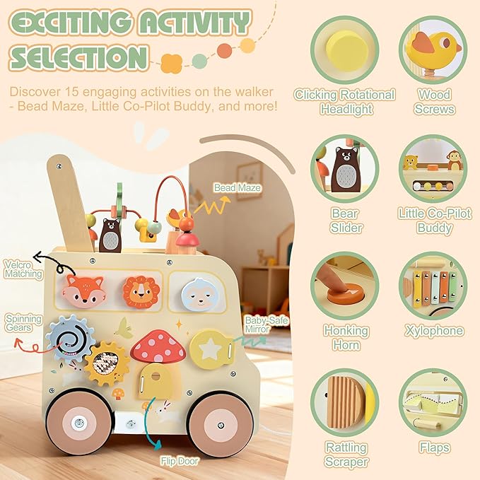 Wooden Activity Cube Push Walker, Wooden Baby Walker, Montessori Toys for Babies 10-12 Months 1 2 3 Years Old Boys & Girls, Help Learning to Walk & Sit-to-Stand