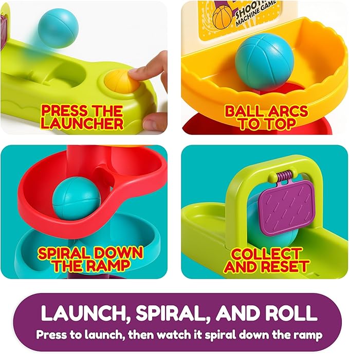 Montessori Ball Drop Toy for Toddlers 1-3, 2-in-1 Basketball Shooting Launcher with Spiral Ball Ramp Tower, Cause & Effect Preschool Learning, Birthday for Boys Girls