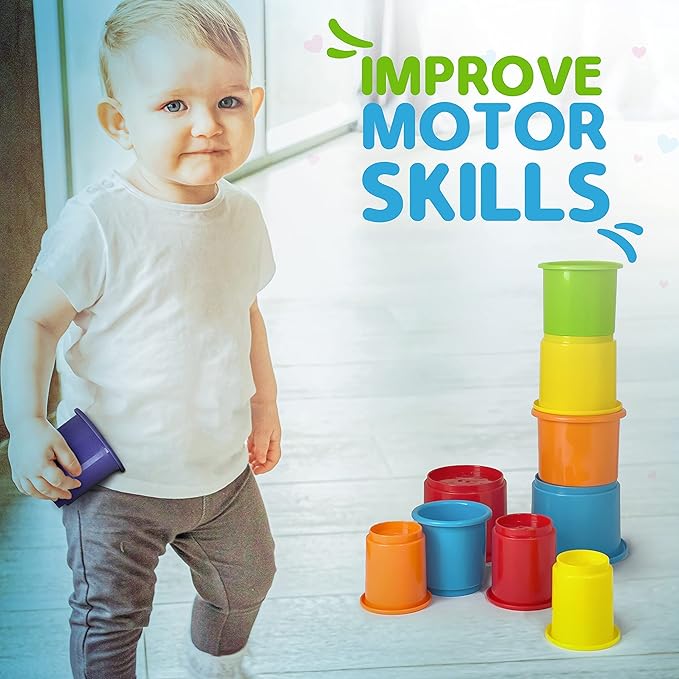 KIDSTHRILL Rainbow Colors Baby Stacking Cups for Toddlers, Tall Baby Stacking Toys Nesting Cups, Drain Holes for Bath Toys, Educational & Motor Skills Sorting & Nesting for 1 2 3 Years Old