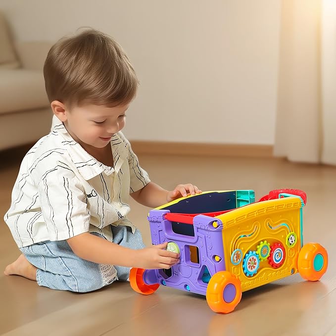 Baby Walker Musical Push Toy for Toddlers 18+ Months - Educational Activity Wagon with Building Blocks, Learning Walking Assistant with Adjustable Handle for Baby Boys & Girls